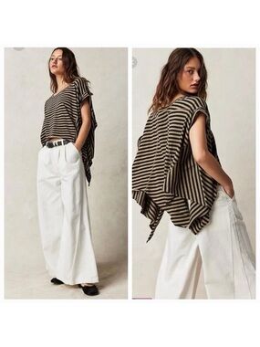 Free People We The Free Angel Striped Tee Black Tan Oversized Boho Size Large